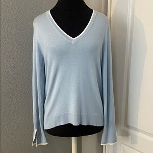Halogen Soft Blue V-Neck Sweater with White Trim Split Cuffs Size Medium